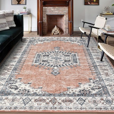 coucheta Faux Wool Machine Washable Vintage FloralPrinted  Area Rugs Non Slip Low Pile Stain Resistant  Indoor Modern Ultra Soft Carpet