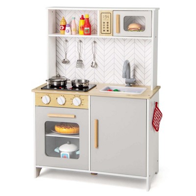 Costway Kids Kitchen Playset with Lights Sounds Microwave Stoves Oven Cooking Accessories