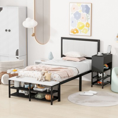 CAVINAS Twin Bed Frames for Kids, Metal Bed Frame Twin with Two-Tier Storage Shelves, Wooden Storage Cabinet for Bedroom, Living Room