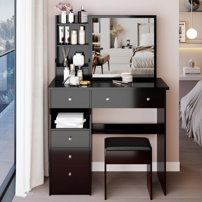 Sapphtopaz Makeup Vanity Desk with Right Sliding Mirror, Makeup Table with Left Drawer & Cushioned Stool, Multi Layer Storage Dresser for Bedroom