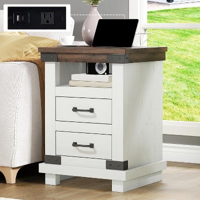 AMERLIFE Farmhouse Nightstand with Charging Station, 18" End Tables, Living Room, Antique White