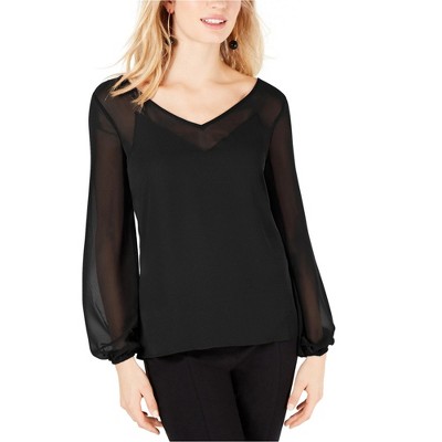I.N.C International Concepts Womens Sheer-Trim Knit Blouse, Black, Large