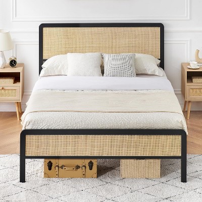 Full/Queen Size Bed Frame With Natural Rattan Headboard and Footboard, Platform With Strong Metal Slats Support
