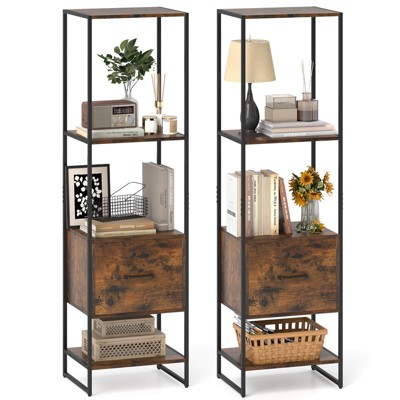 Costway 5-Tier Bookshelf with 4 Open Shelves Storage Drawer Modern Book Storage Organizer Brown/White