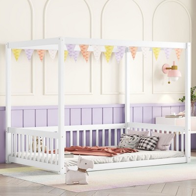PAGED Twin Size Canopy Bed Modern Pine Bed Frame with Guardrail for Bedroom, without Slats