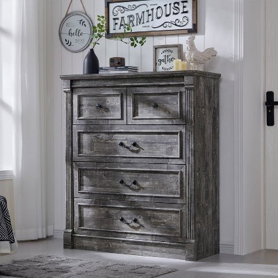 Mastgoal 46" Farmhouse Dresser with 5 Drawers, Rustic Wood Closet Storage with Roman Column for Bedroom