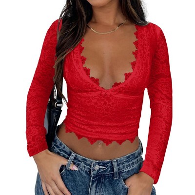 Women's Floral Lace Long Sleeve Crop Top Deep V Neck Low Cut Slim Fit Spring Fall Shirt Going Out Tops
