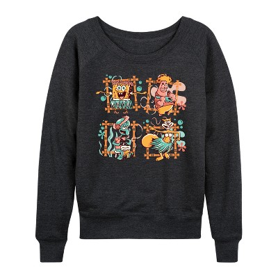 Women's - SpongeBob SquarePants - Tiki Squares Lightweight French Terry Wide Neck Long Sleeve Graphic Shirt
