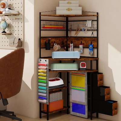 ELECWISH Craft Storage Shelf, Brown Cornor Storage Cabinet with Drawers, Vinyl Organization Solutions Table, Art Room Furniture
