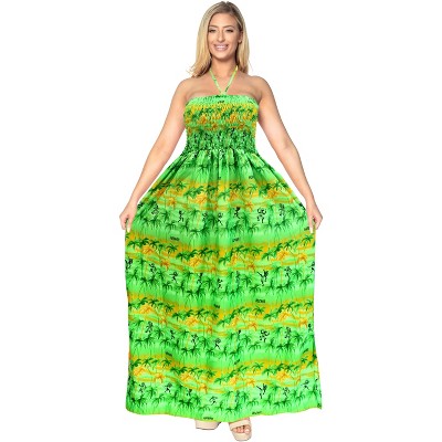 LA LEELA Women's Summer A line Slit Maxi Beach Dress Boho Smocked Top Evening Long Strapless Tube Dresses for Women One Size Lime, Palm Trees