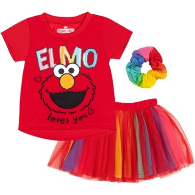 Sesame Street T-Shirt Tulle Skirt Scrunchie 3 Piece Outfit Set Toddler