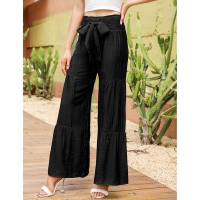Coolmee Women's Pant Wide Leg High Waist Pants Loose Elastic Smocked Waist Flowy Pant With Belt