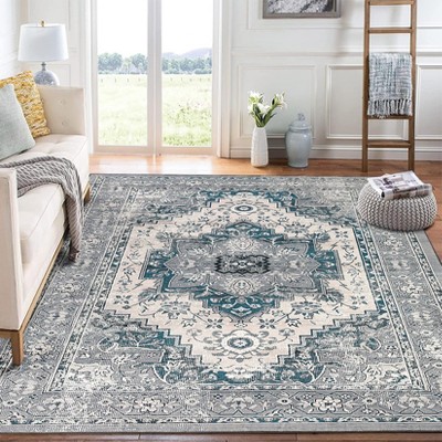 8x10 Washable Rug Anti-Slip Low Pile Thin Rugs for Bedroom Vintage Floral Accent Carpet