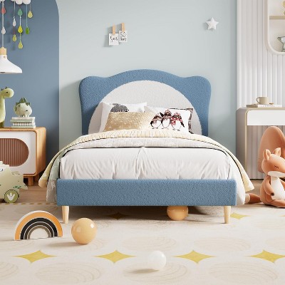 Twin/Full size Upholstered Bed Frame with Panda-Shaped Headboard, Berber Fleece Platform Bed for Girls & Boys, No Box Spring Needed, Easy Assembly