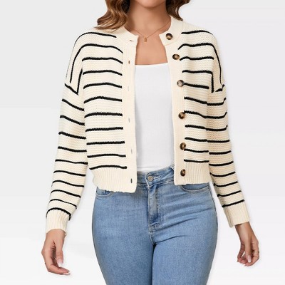 Women's Striped Cropped Cardigan with Front Button Down - Sweater Knit Outerwear for Everyday Wear,Apricot - L