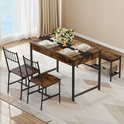 Dining Table Set for 4, Small Kitchen Table and 2 Chairs for 4 with Bench, Space Saving Kitchen Table Set with Storage Rack & Drawers