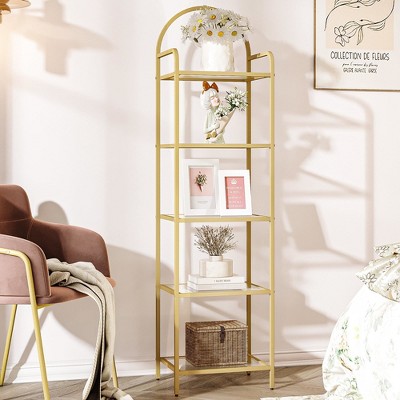 Aoibox 5 Tier Tempered Glass Bookcase Bookshelf Slim Gold Shelving Unit Steel Frame for Bedroom Bathroom Office