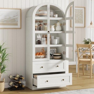 72" Tall Arched Kitchen Pantry Cabinet, Farmhouse Wood Pantry Storage Cabinet with 2 Large Drawers, Glass Door