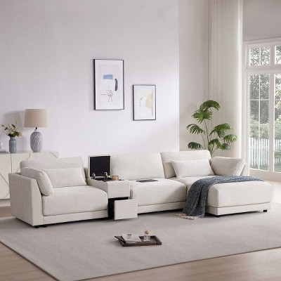 YOOCOZZ 4-Seat Chenille Sectional L-shaped Sofa with Storage Console, USB and Movable Ottoman, 124”