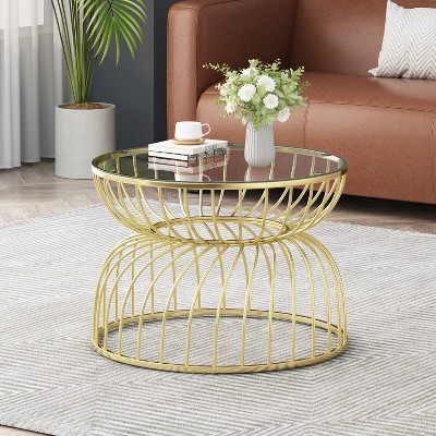 Glass Coffee Table Round Cocktail Table Center Table Accent Table Sofa Table with Golden Metal Frame and Hollowed Design-ModernLuxe