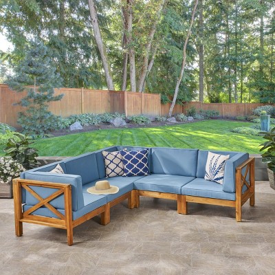 Christopher Knight Home Brava Outdoor Acacia Wood 5 Seater Sectional Sofa Set with Cushions