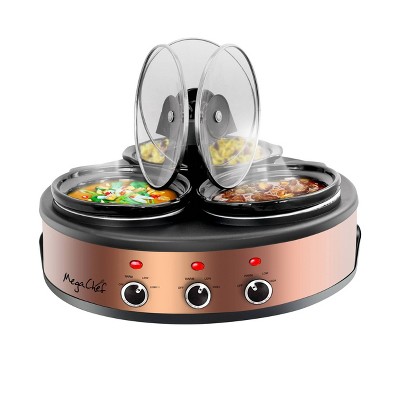 MegaChef Round Triple 1.5 Quart Slow Cooker and Buffet Serve: 3 Crock Pot Buffet, Brushed Copper, Dishwasher-Safe Parts