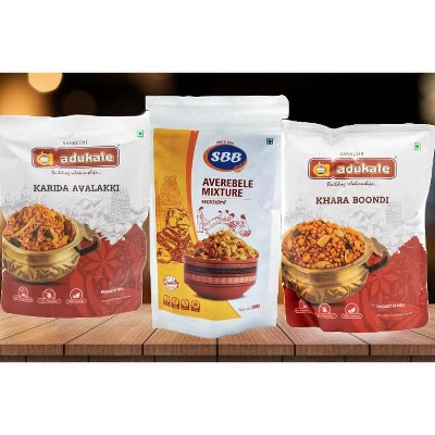 SBB & Adukale Traditional Ready-to-Eat Snack Combo – Karida Avalakki, Averebele Mixture & Khara Boondi = 3 Variety Pack