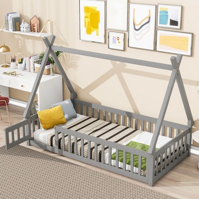 NicBex Twin/Full Tent-shaped Floor Bed,Toddler Floor Bed with Guardrails and Door,Bed Frame with Wood Slats,Montessori Bed for Toddlers,Girls,Boys