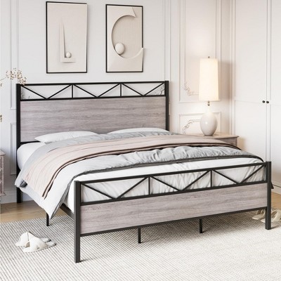 Bed Frame, Metal Platform Bed Frame with Rustic Wood Headboard and Footboard, Strong Steel Slat Support, Noise Free, Easy Assembly