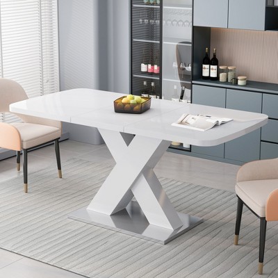 Okak Modern Square Stretchable Dining Table with X-Shape Leg and Metal Base for Dining Room, Living Room, Space-Saving