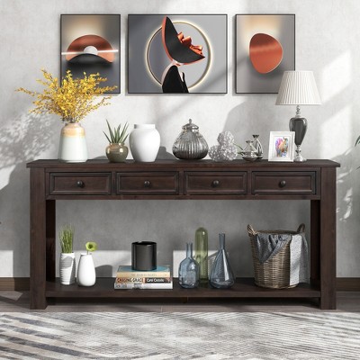 Whisen Rustic Rectangle Wood Console Table with 4-Storage Drawers and Bottom Shelf