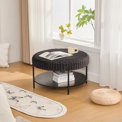 Sapphtopaz Ottoman Faux Fur Foot Stool with Metal Legs Modern Ottoman with Wooden Open Storage Shelf for Living Room, Bedroom, Entryway