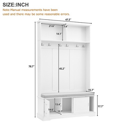APRILSOUL Elegant Hall Tree , Versatile Coat Rack, 6 Silvery Hooks & Handles, Mudroom Bench Cabinet , White,