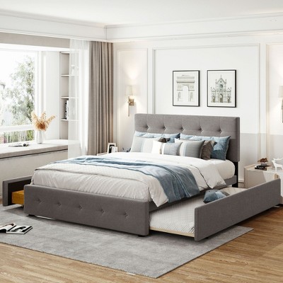 NicBex Queen Size Wooden Platform Bed, Modern Bed Frame with Twin XL Trundle and 2 Drawers, Upholstered Bed for Bedroom