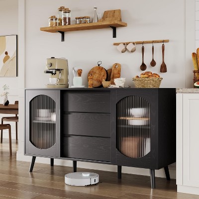 Black Sideboard Buffet Cabinet - Fluted Glass Door & Drawers, Multi-Functional Storage for Kitchen, Dining Room, Living Room, Black