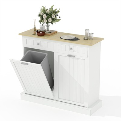 CuisinSmart Tilt Out Trash Cabinet, 20 Gallon Kitchen Waste Bins, 2 Door Wood Free Standing Trash Cabinet, Recycling Cabinet with Hideaway Drawer