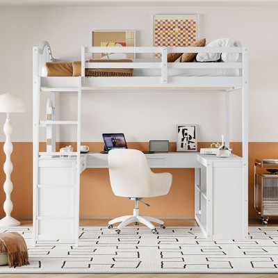 Full Size Wooden Loft Bed with U-Shaped Desk, Drawers, Storage Compartments, and Tri-Fold Mirror