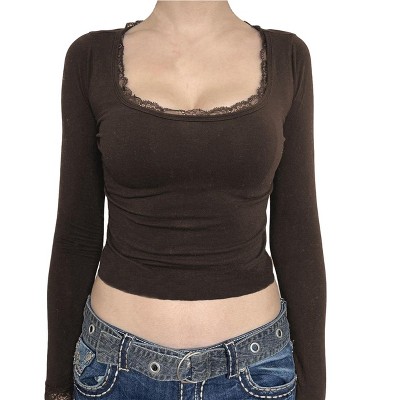 Coolmee Women Lace Trim T-Shirts Long Sleeve Fairy Aesthetic Slim Fit Crop Tops Basic Blouse Streetwear