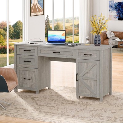 Rustic Office Desk Computer Desk with Charging Station, File Drawers and Storage Cabinet
