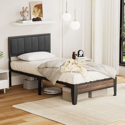Lusimo Twin Metal Platform Bed Frame with Fabric Upholstered Headboard Easy Assembly