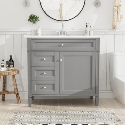 Okak Modern Freestanding Bathroom Vanity with Sink Combo,Solid Wood Bathroom Storage Cabinet with 2 Drawers & Tip-out Drawer