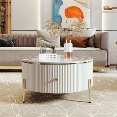 32"W Modern Round Coffee Table Cocktail Table Center Table Accent Table with 2 Large Drawers Storage,  Off White/Black/White-ModernLuxe