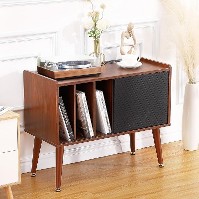 Record Player Stand with Charging Station, Large Storage Space Holds Up to 300 Albums, Turntable Stand, Record Player Table End Table