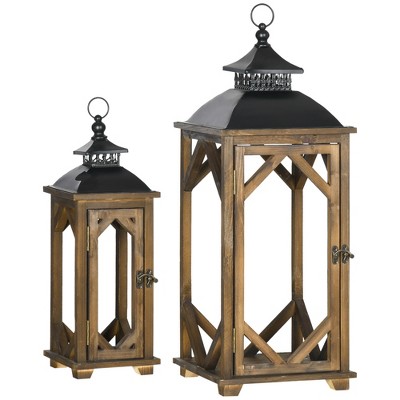 HOMCOM 2 Pack 31"/21" Large Rustic Lantern Decorative, Hanging Wooden Metal Indoor/Outdoor Lantern for Home Decor (No Glass)