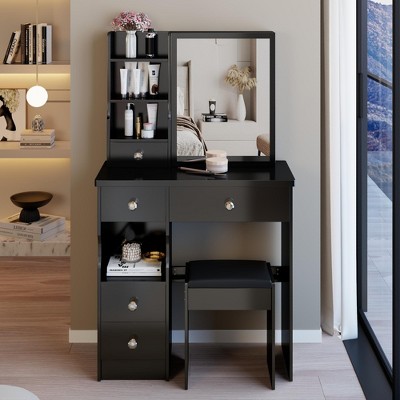 APRILSOUL Left Drawer Desktop Vanity Table and Cushioned Stool, Extra Large Right sliding mirror