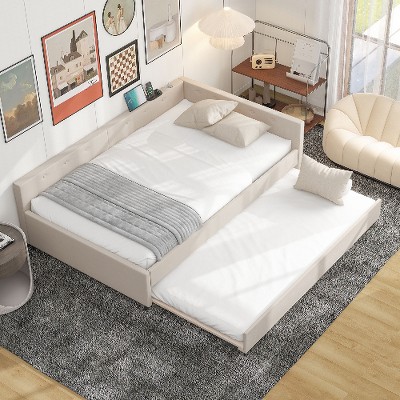 Lyngins Beige Linen Fabric Bed Frame, Upholstered Platform Bed Frame with Twin Trundle & USB Ports, Wood Bed with Headboards for Bedroom