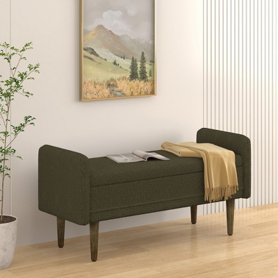 CAVINAS Teddy Fabric Pull-Open Top Ottoman Bench with Wood Legs,Rectangular Storage Ottoman for Living Room