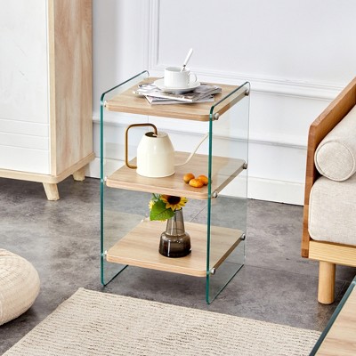 FONTOI Three levels End Table with Drawers, Side Table with White Stickers, Coffee Table for Living Room, Brown, 14"*23.6"*14"