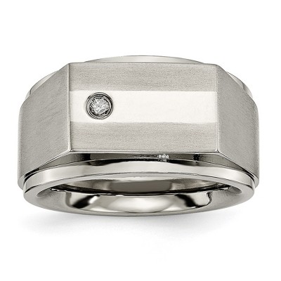 Black Bow Jewelry Men's 9mm Titanium 1/20ct Diamond Signet Ridge Edge Tapered Fit Band
