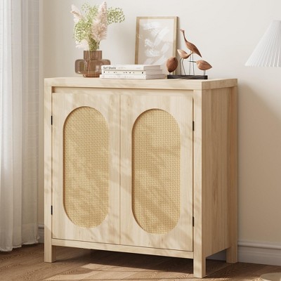 Mid Century Sideboard Buffet - 30" Retro Storage Cabinet with Rattan Doors & Adjustable Shelves, Boho Chic Accent Console